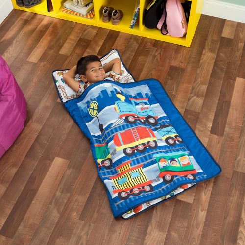  EVERYDAY KIDS Toddler Nap Mat with Removable Pillow -Choo Choo Train- Carry Handle with Fastening Straps Closure, Rollup Design, Soft Microfiber for Preschool, Daycare, Sleeping Ba