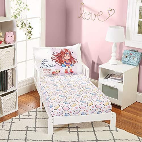  Everyday KIDS Precious Moments Isabella The Super Hero Toddler Sheet Set by Everyday Kids; Fitted Sheet&Pillowcase Features Izzy Image in Cape&Boots with Her Dog; Lavender Light Pu