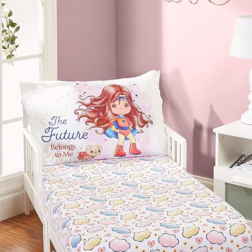  Everyday KIDS Precious Moments Isabella The Super Hero Toddler Sheet Set by Everyday Kids; Fitted Sheet&Pillowcase Features Izzy Image in Cape&Boots with Her Dog; Lavender Light Pu