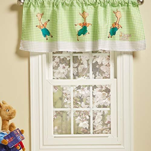  [아마존베스트]Llama Llama Window Valance by Everyday Kids Featuring Llama Llama Playing; Spring Green and White Gingham with White and Gray Plaid Border  60x15” for Baby, Toddler and Preschool