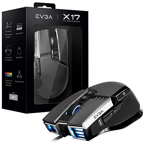  EVGA X17 Gaming Mouse, Wired, Grey, Customizable, 16,000 DPI, 5 Profiles, 10 Buttons, Ergonomic 903-W1-17GR-KR