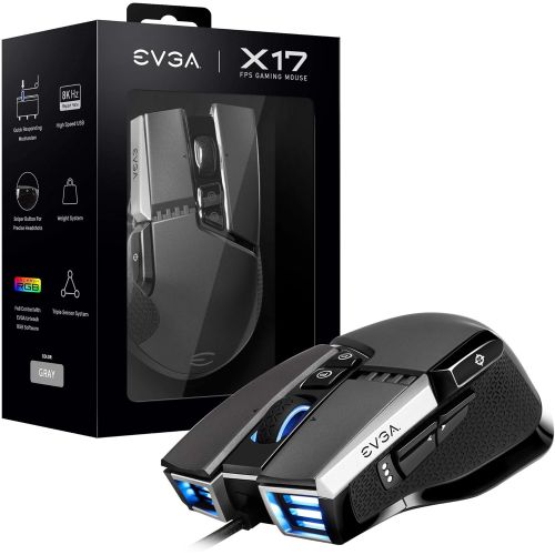  EVGA X17 Gaming Mouse, Wired, Grey, Customizable, 16,000 DPI, 5 Profiles, 10 Buttons, Ergonomic 903-W1-17GR-KR