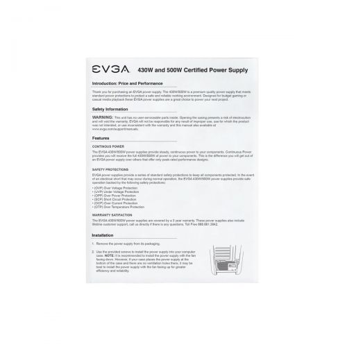  EVGA 500 W1, 80+ WHITE 500W, 3 Year Warranty, Power Supply 100-W1-0500-KR, Black