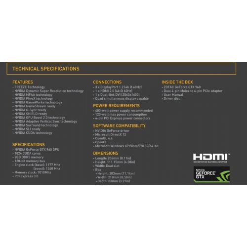  ZOTAC GeForce GTX 960 2GB GDDR5 PCI Express 3.0 HDMI DVI DisplayPort SLI Ready Graphic Card ZT-90301-10M