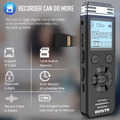  [아마존베스트]EVISTR 16gb Digital Voice Reorder Line in - Portable Recorders for Lectures Voice Activated Recording Device with Playback, Password, USB Rechargeable