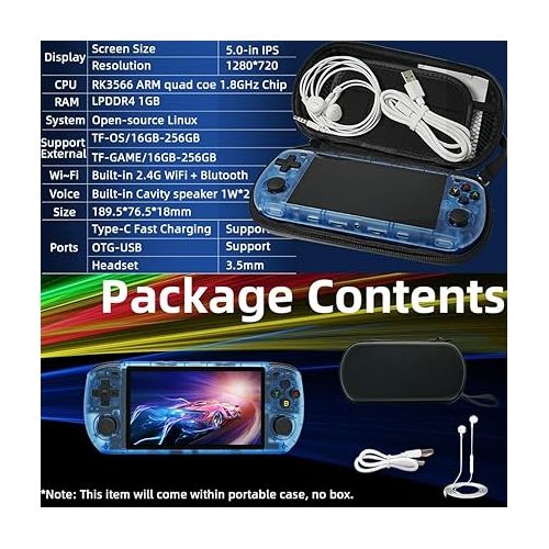  RGB10MAX 3 Handheld Game Console 5.0-inch IPS RK3566 4000mAh 2.4GWF BT Preinstalled Retro System 16+64GB with Portable Case Transparent Blue