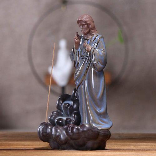  인센스스틱 EXCEART Jesus Backflow Incense Burner Ceramic Waterfall Incense Holder Christian Smoke Cone Sticks Incense Censer Religious Figurine for Yoga Home Teahouse Gift