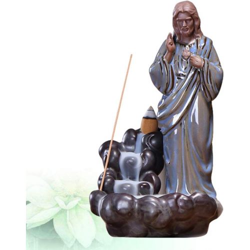  인센스스틱 EXCEART Jesus Backflow Incense Burner Ceramic Waterfall Incense Holder Christian Smoke Cone Sticks Incense Censer Religious Figurine for Yoga Home Teahouse Gift