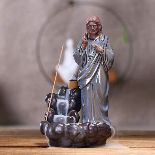  인센스스틱 EXCEART Jesus Backflow Incense Burner Ceramic Waterfall Incense Holder Christian Smoke Cone Sticks Incense Censer Religious Figurine for Yoga Home Teahouse Gift