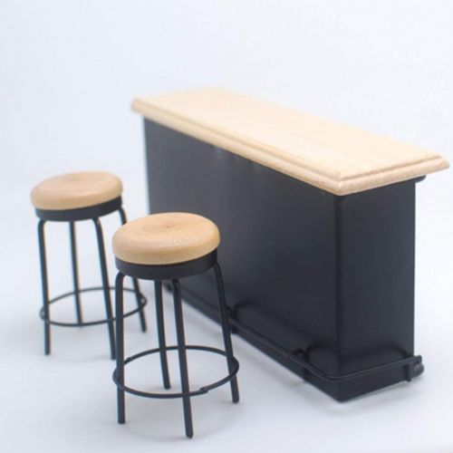  Exceart 3Pcs Wooden Doll House Furniture Mini Bar Counter Chair Miniature Playset Model Toy Photograph Layout Props Desktop Decor for DIY Micro World Pubs