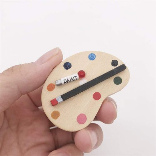  EXCEART 3pcs 1:12 Dollhouse Palettes Miniature Artist Palette Paint Brush Model Toys Mini Life Play Scene Model Crafts Decoration for Fairy Garden Kids Pretend Play