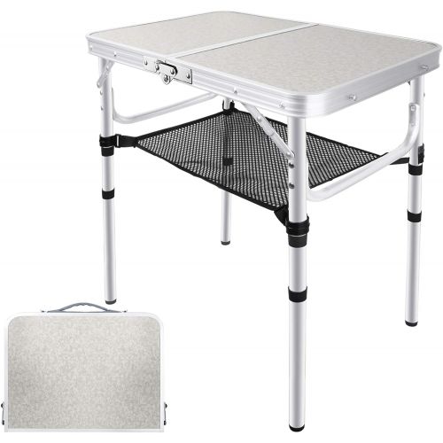  EXCELFU Folding Camping Table with Storage, Height Adjustable Portable Foldable Aluminum Camp Table, Lightweight Small Folding Table for Outdoor Indoor, Camp, Picnic, Cooking, Beac