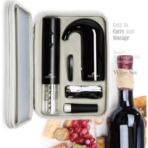  EXCITINGIFT Wine Gift Set with Electric Wine Bottle Opener, Electric Aerator and Pourer, Reusable Vacuum Stopper, Foil Cutter, and EVA Storage Bag, Rechargeable and Automatic(black