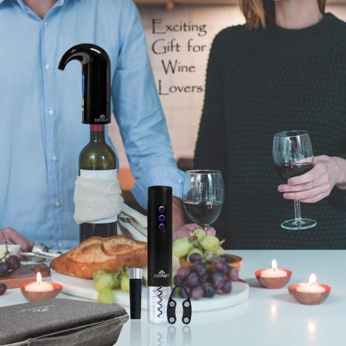  EXCITINGIFT Wine Gift Set with Electric Wine Bottle Opener, Electric Aerator and Pourer, Reusable Vacuum Stopper, Foil Cutter, and EVA Storage Bag, Rechargeable and Automatic(black