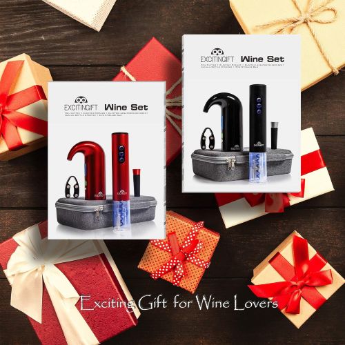  EXCITINGIFT Wine Gift Set with Electric Wine Bottle Opener, Electric Aerator and Pourer, Reusable Vacuum Stopper, Foil Cutter, and EVA Storage Bag, Rechargeable and Automatic(black