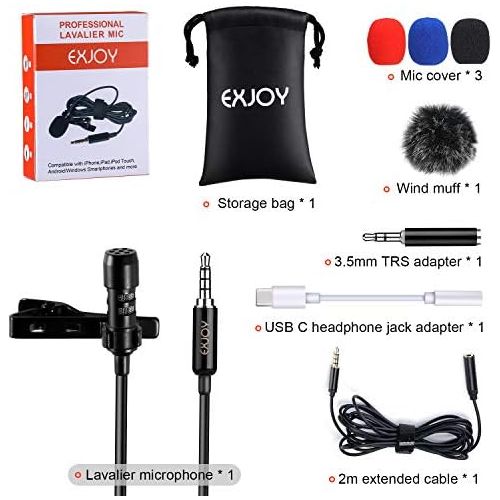  [아마존베스트]Lavalier Mikrofon fuer Handy und PC, Ansteckmikrofon mit Type C Adapter und Windschutz, EXJOY Mini Lapel Mic mit 2m Verlangerungskabel, fuer Interview, Videokonferenz, Podcast, Dikta