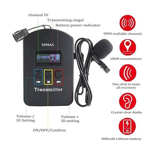  EXMAX EXD-6824 Wireless Church Translation Equipment Up to 328 feet Audio Transmission Range Ideal for Bus Travel Industry Tourism Assistive Listening 2 Transmitters 20 Receivers + Silver Storage Case