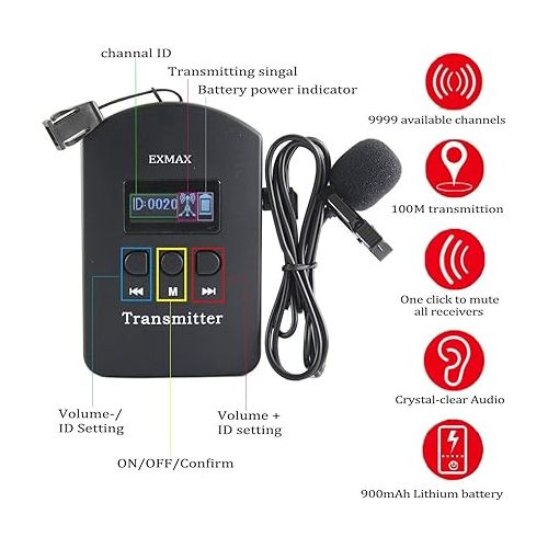  EXMAX 9999 Channels EXD-6824 Wireless Tour Guide Church Translation System for Interpreter in Your Ear Interpreting Equipment Teaching Exhibition Presentations-2 Transmitters 12 Receivers Storage Case