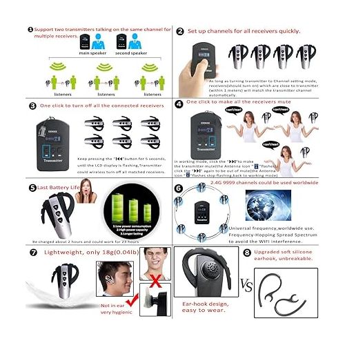  EXMAX® EXD-6824 2.4G Hands-free Audio Tour Guide System with 9999 Channel ID for Interpreter to Simultaneous Interpretation,for Tour Guide to travel(2 Transmitters 30 Receivers & 32-slot Charge Case)