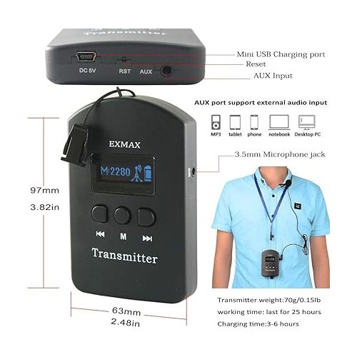  EXMAX EXD-6824 Wireless Tour Guide System Audio Transmission Kit Church Translation Translator in Ear 9999 Channels for Listening Teaching Traveling Museum Conference - 2 Transmitters 20 Receiver Case