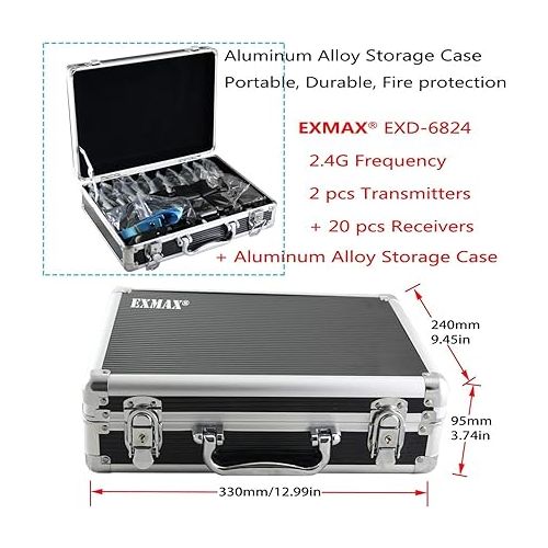  EXMAX EXD-6824 Wireless Tour Guide System Audio Transmission Kit Church Translation Translator in Ear 9999 Channels for Listening Teaching Traveling Museum Conference - 2 Transmitters 20 Receiver Case