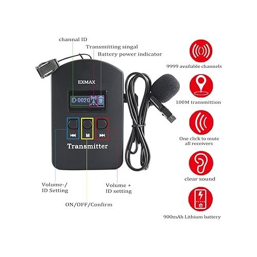  EXMAX 2.4GHz Professional Wireless Audio Tour Guide System Language Interpretating for Multilingual Meetings Simultaneous Translation Seminars Exhibitions Command Training (1 Transmitter 8 Receivers)