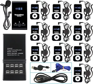 EXMAX® EX-100 Wireless Tour Guide System Microphone Earphone Assisted Listening for Church Translation Private Silent Conference Travel City Tour (1 Transmitter 10 Receivers 16-port USB Charging Base)