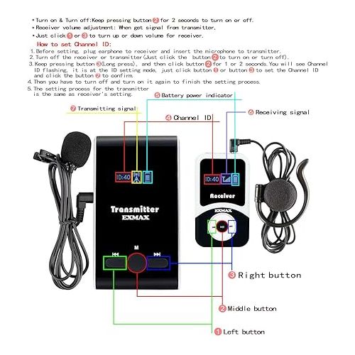  EXMAX EX-100 Wireless Tour Guide System Live Translator Microphone Church Translation Devices Simultaneous Interpreting Equipment Silent Conference Social Distancing (1 Transmitter 8 Receivers)