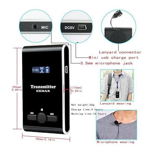  EXMAX EX-100 Wireless Tour Guide System Live Translator Microphone Church Translation Devices Simultaneous Interpreting Equipment Silent Conference Social Distancing (1 Transmitter 8 Receivers)