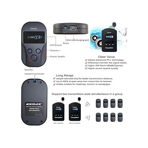  EXMAX EXD-101 2.4G Wireless Tour Guide Monitoring Voice Audio Transmission System for Teaching Museum Conference Church Translation Trip (4 Transmitters 56 Receivers + Aluminium 64-slot Charging Case)