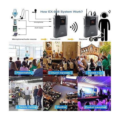  EXMAX UHF-938 UHF Acoustic Transmission Wireless Headset Microphone Audio Tour Guide System for Church Translation Teaching Travel Simultaneous Interpretation Tour (1 Transmitter and 20 Receivers)