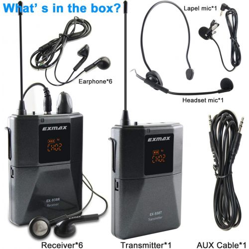  EXMAX UHF-938 UHF Acoustic Transmission Wireless Headset Microphone Audio Tour Guide System for Worship Church Translation Teaching Travel Simultaneous Interpretation (1 Transmitte