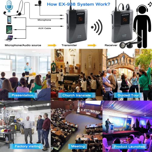  EXMAX UHF-938 UHF Acoustic Transmission Wireless Headset Microphone Audio Tour Guide System for Worship Church Translation Teaching Travel Simultaneous Interpretation (1 Transmitte