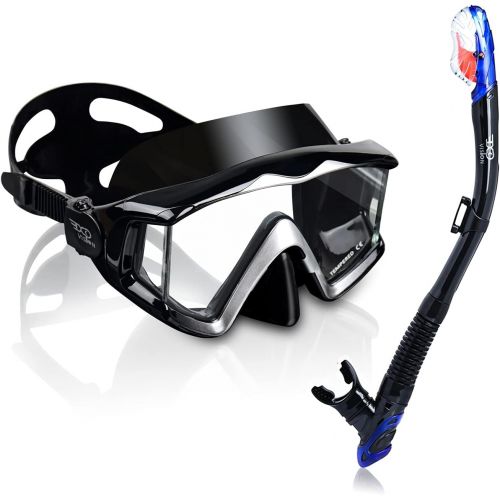  EXP VISION Snorkel Set, Dry Top Snorkel Mask Anti-Leak for Women and Men, Anti-Fog Snorkeling Gear Free Breathing,Tempered Glass Swimming Diving Scuba Goggles 180° Panoramic View