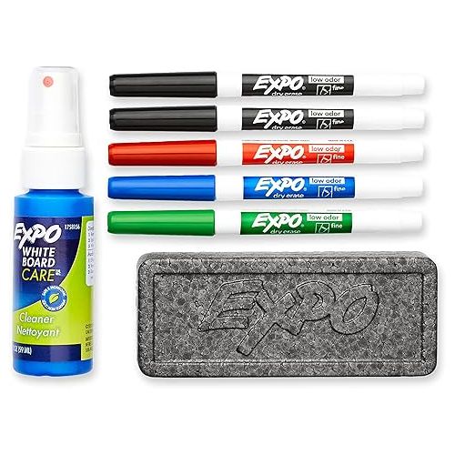  EXPO Low Odor Dry Erase Marker Set with White Board Eraser and Cleaner, Fine Tip Dry Erase Markers, Assorted Colors, 7 Piece Set with Whiteboard Cleaner