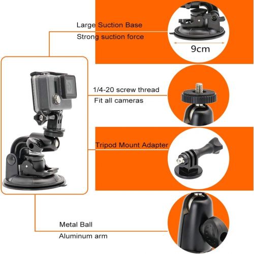  Camera Car Windshield Suction Cup Mount for GoPro, EXSHOW 360 Rotation Heavy Duty Window Holder with 1/4-20 Thread for GoPro Hero 10 9 8 7 6 5 4 SJCAM Canon g7x Vlogging DSLR and O