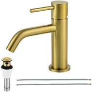 EZANDA Brass Single Handle Bathroom Faucet with Pop-up Sink Drain Assembly & Faucet Supply Lines, Brushed Gold, 1431108