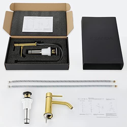  EZANDA Brass Single Handle Bathroom Faucet with Pop-up Sink Drain Assembly & Faucet Supply Lines, Brushed Gold, 1431108
