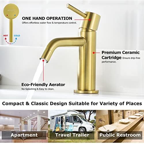  EZANDA Brass Single Handle Bathroom Faucet with Pop-up Sink Drain Assembly & Faucet Supply Lines, Brushed Gold, 1431108