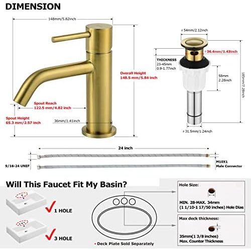  EZANDA Brass Single Handle Bathroom Faucet with Pop-up Sink Drain Assembly & Faucet Supply Lines, Brushed Gold, 1431108