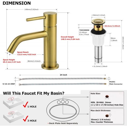  EZANDA Brass Single Handle Bathroom Faucet with Pop-up Sink Drain Assembly & Faucet Supply Lines, Brushed Gold, 1431108