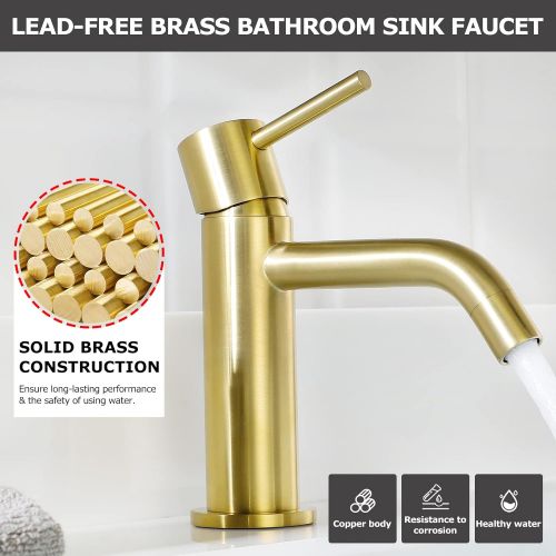  EZANDA Brass Single Handle Bathroom Faucet with Pop-up Sink Drain Assembly & Faucet Supply Lines, Brushed Gold, 1431108