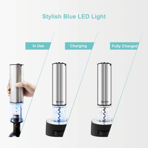  [아마존베스트]EZBASICS Electric Wine Opener Set, Cordless Stainless Steel Automatic Electric Wine Bottle Opener Corkscrew with Foil Cutter, Included Recharging Base