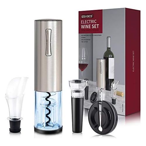  [아마존베스트]EZBASICS Electric Wine Bottle Opener kit Rechargeable Automatic Corkscrew contains Foil Cutter Vacuum Stopper and Wine Aerator Pourer with USB Charging Cable for Wine Lover 4-in-1