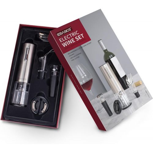  [아마존베스트]EZBASICS Electric Wine Bottle Opener kit Rechargeable Automatic Corkscrew contains Foil Cutter Vacuum Stopper and Wine Aerator Pourer with USB Charging Cable for Wine Lover 4-in-1