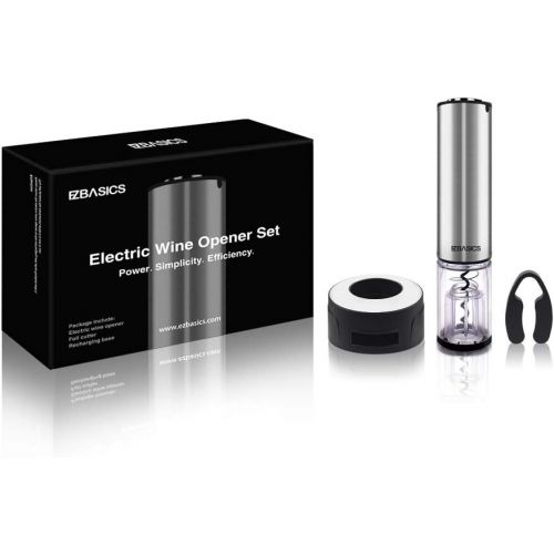  [아마존베스트]EZBASICS Electric Wine Opener Set, Cordless Stainless Steel Automatic Electric Wine Bottle Opener Corkscrew with Foil Cutter, Included Recharging Base