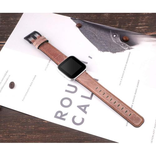  [아마존베스트]EZCO Leather Bands Compatible with Fitbit Versa/Versa Lite, Vintage Genuine Leather Band Replacement Strap Wristband Accessories Man Women 5.5”-7.8” Wrist Compatible with Versa Sma