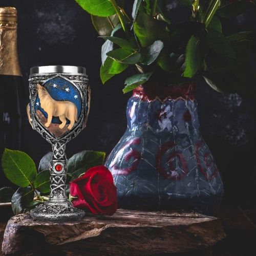  [아마존베스트]EZESO ESSENTIAL SKINCARE Wolf Goblet Stainless Steel, Resin 3D Wine Chalice Goblet Cup Kitchen Party Hosting Decorative Holiday Souvenirs (Brown)
