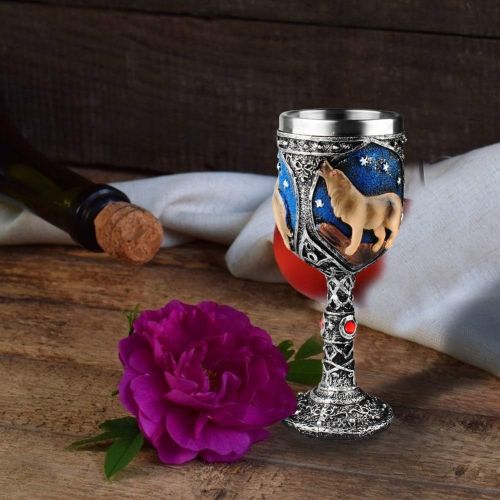  [아마존베스트]EZESO ESSENTIAL SKINCARE Wolf Goblet Stainless Steel, Resin 3D Wine Chalice Goblet Cup Kitchen Party Hosting Decorative Holiday Souvenirs (Brown)