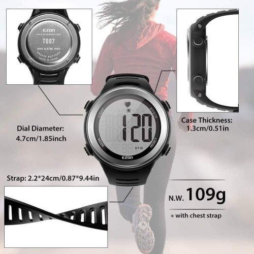  EZON Heart Rate Monitor Digital Sports Watch for Outdoor Running with Chest Strap, Heart Rate Alarm, Stopwatch,Daily Alarm and Calendar